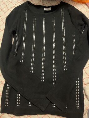 Black Long-Sleeve Sweater with Studded Stripe Detail